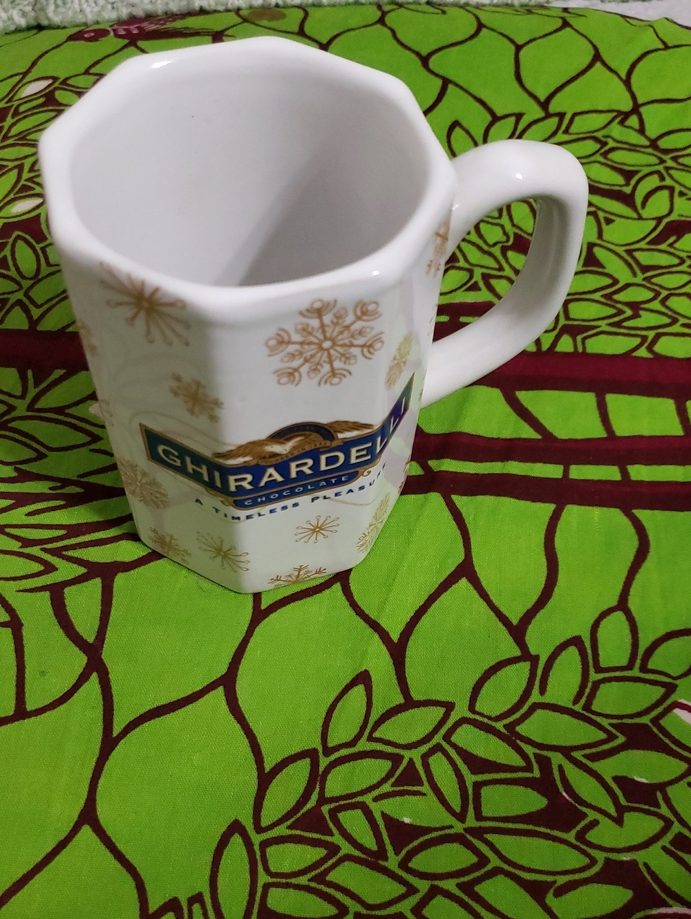 GHIRARDELLI Chocolate White Ceramic Mug with Gold Snowflake and Blue Logo